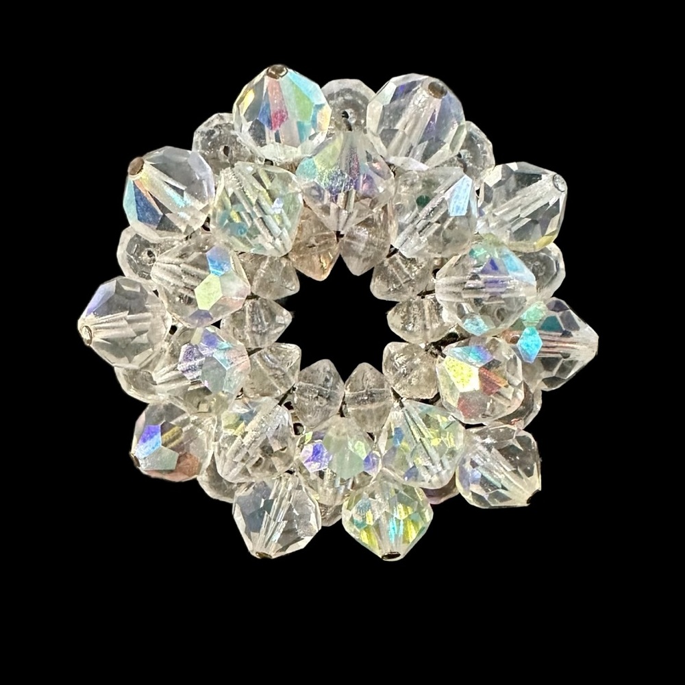 Estate Jewelry Vintage Aurora Borealis Faceted Crystal Cluster Wreath Brooch
